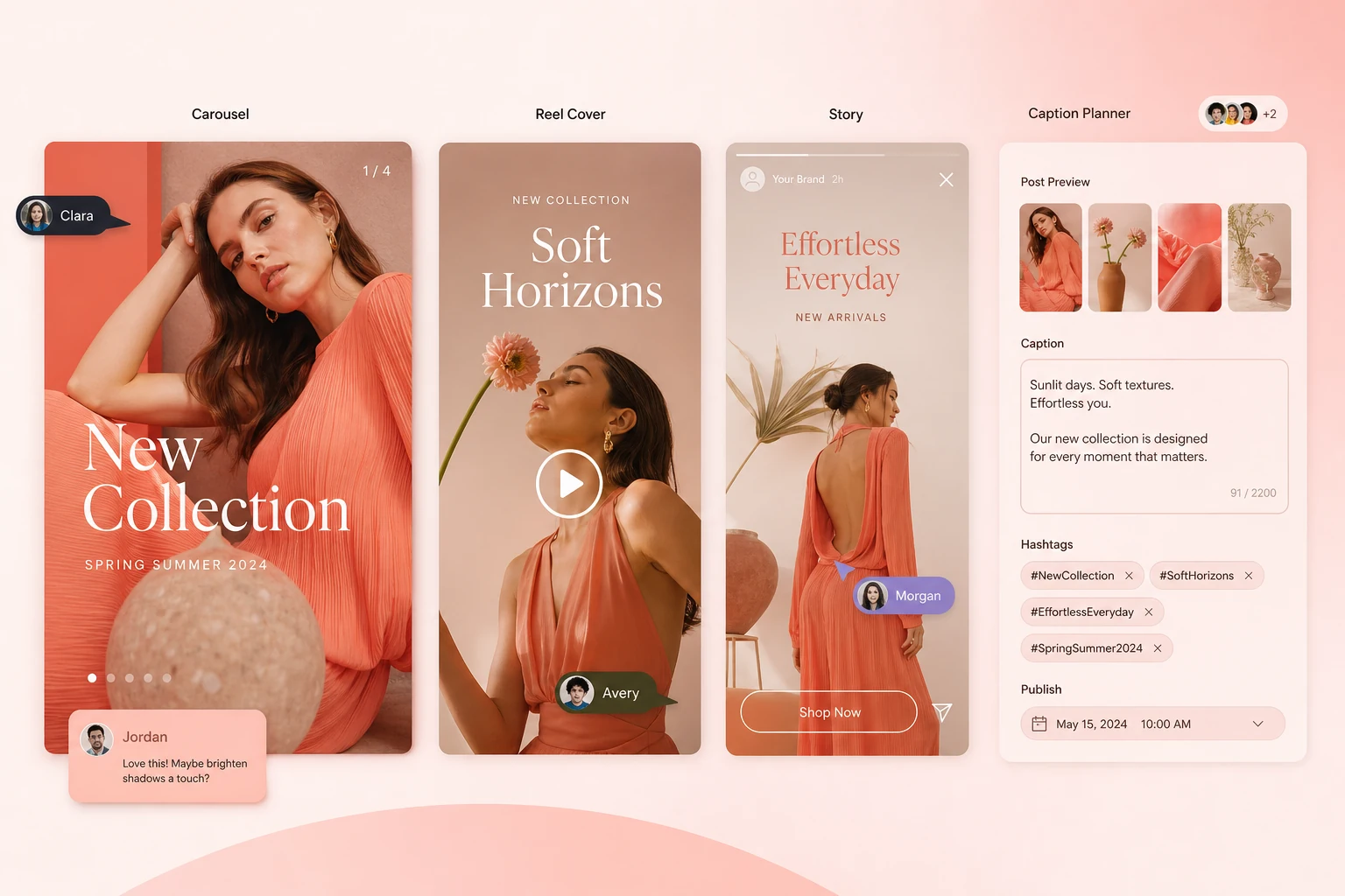 A coordinated carousel, reel, story, caption, and publishing system