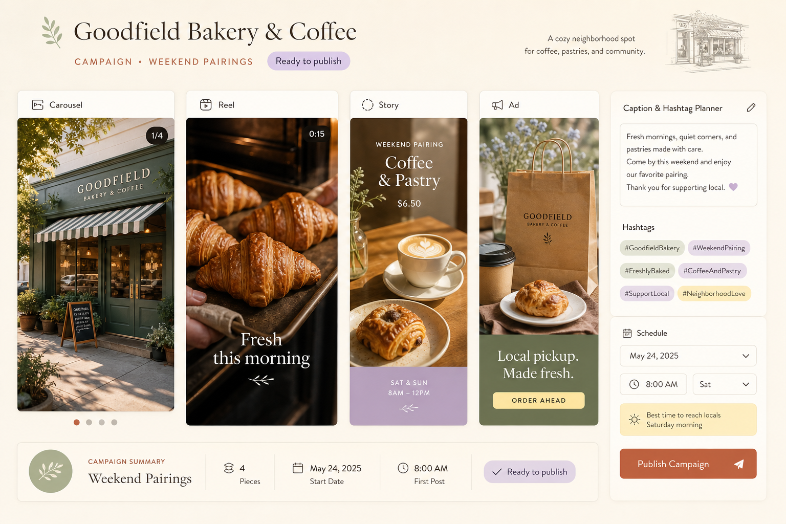 A fictional neighborhood bakery campaign with storefront, pastries, coffee offer, carousel, reel, story, paid ad, captions, hashtags, and publishing schedule