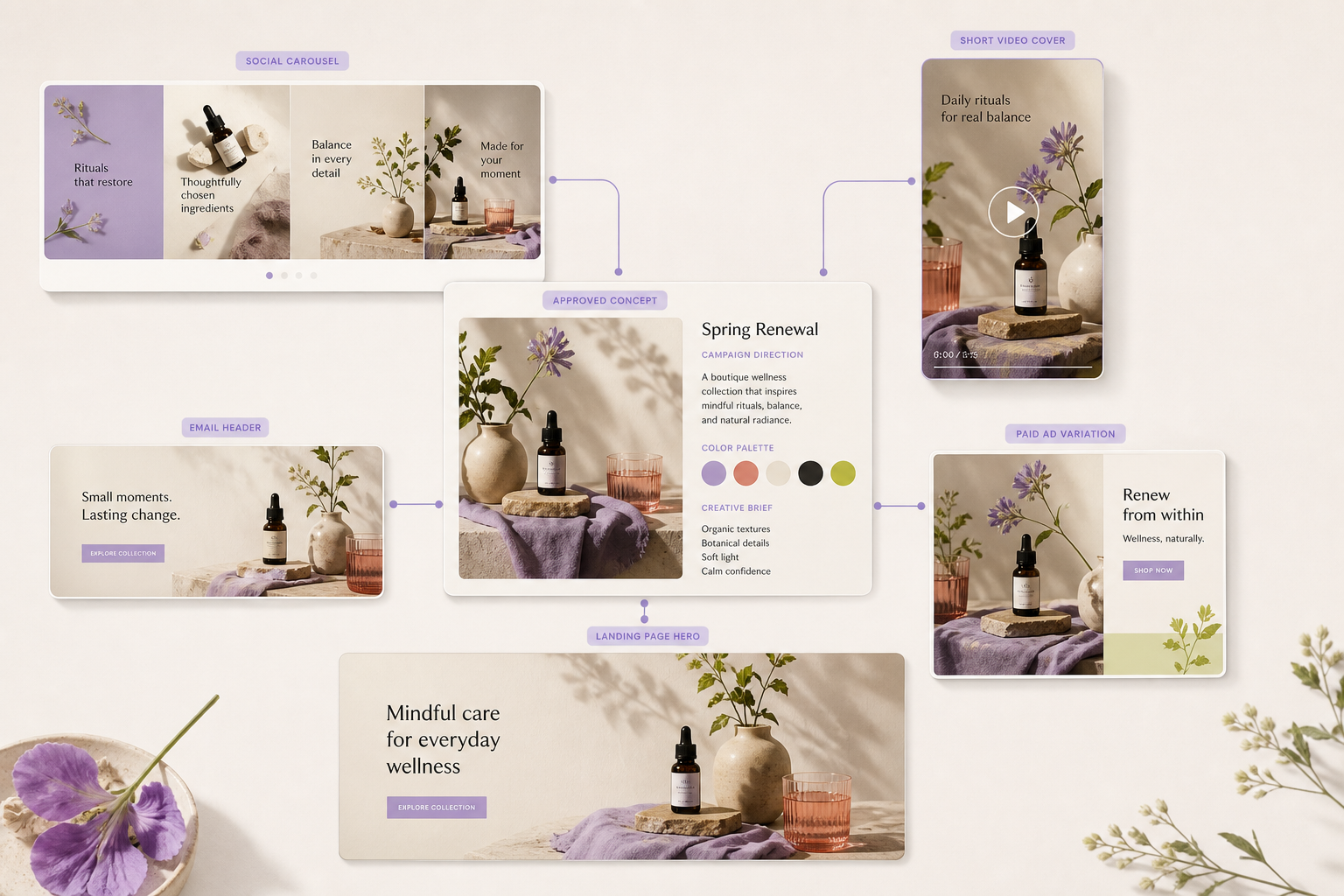 One approved campaign concept expanding into coordinated social, video, email, landing page, and paid advertising creative