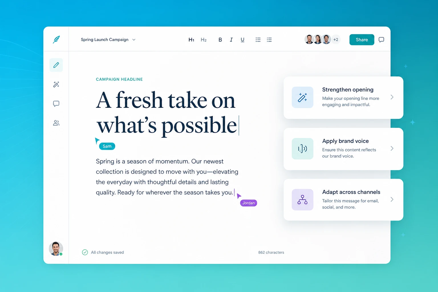 Collaborative campaign writing workspace with brand voice and channel adaptation assistance