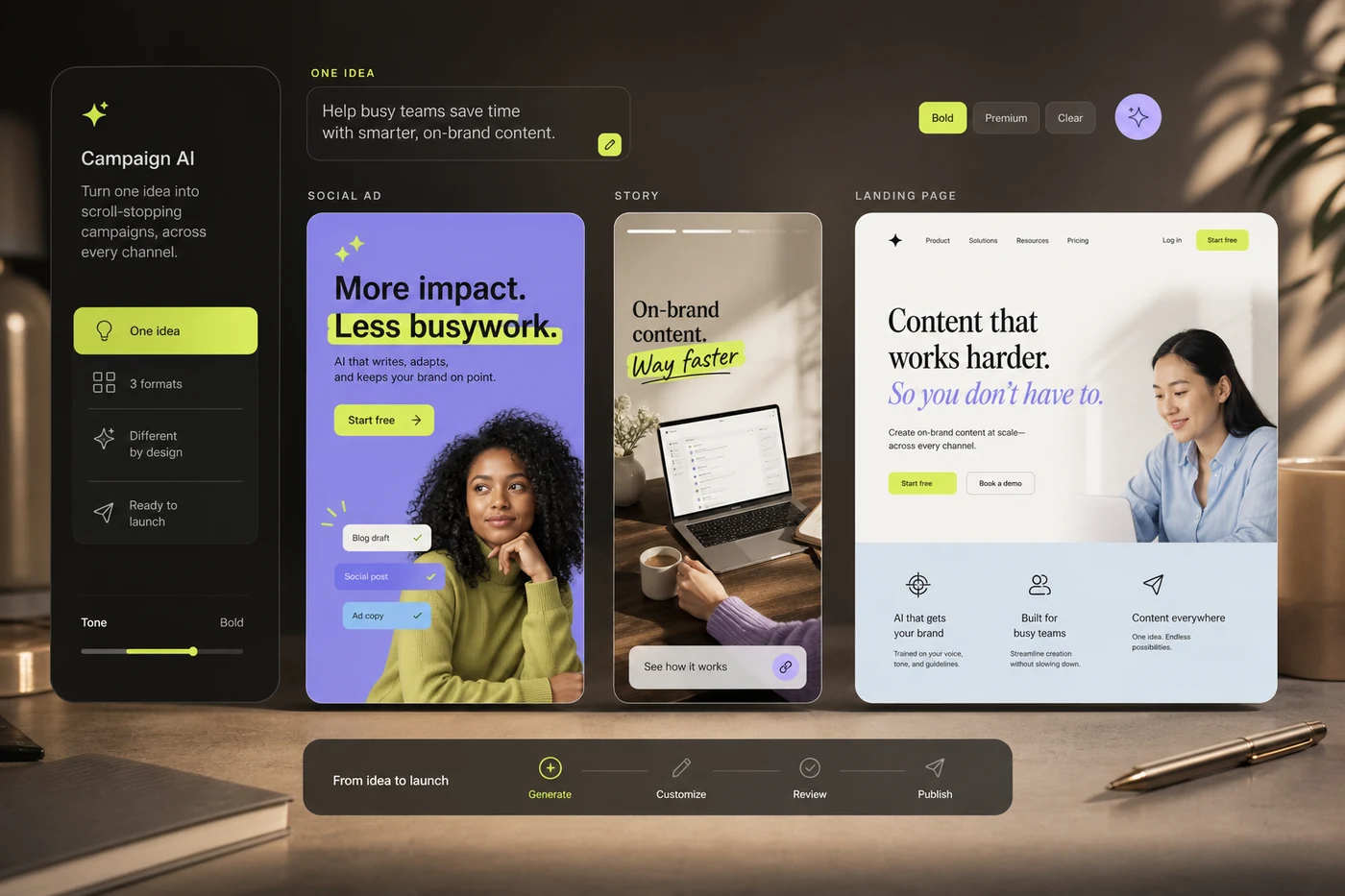 Elevate Campaign AI creating distinct social, story, and landing-page formats